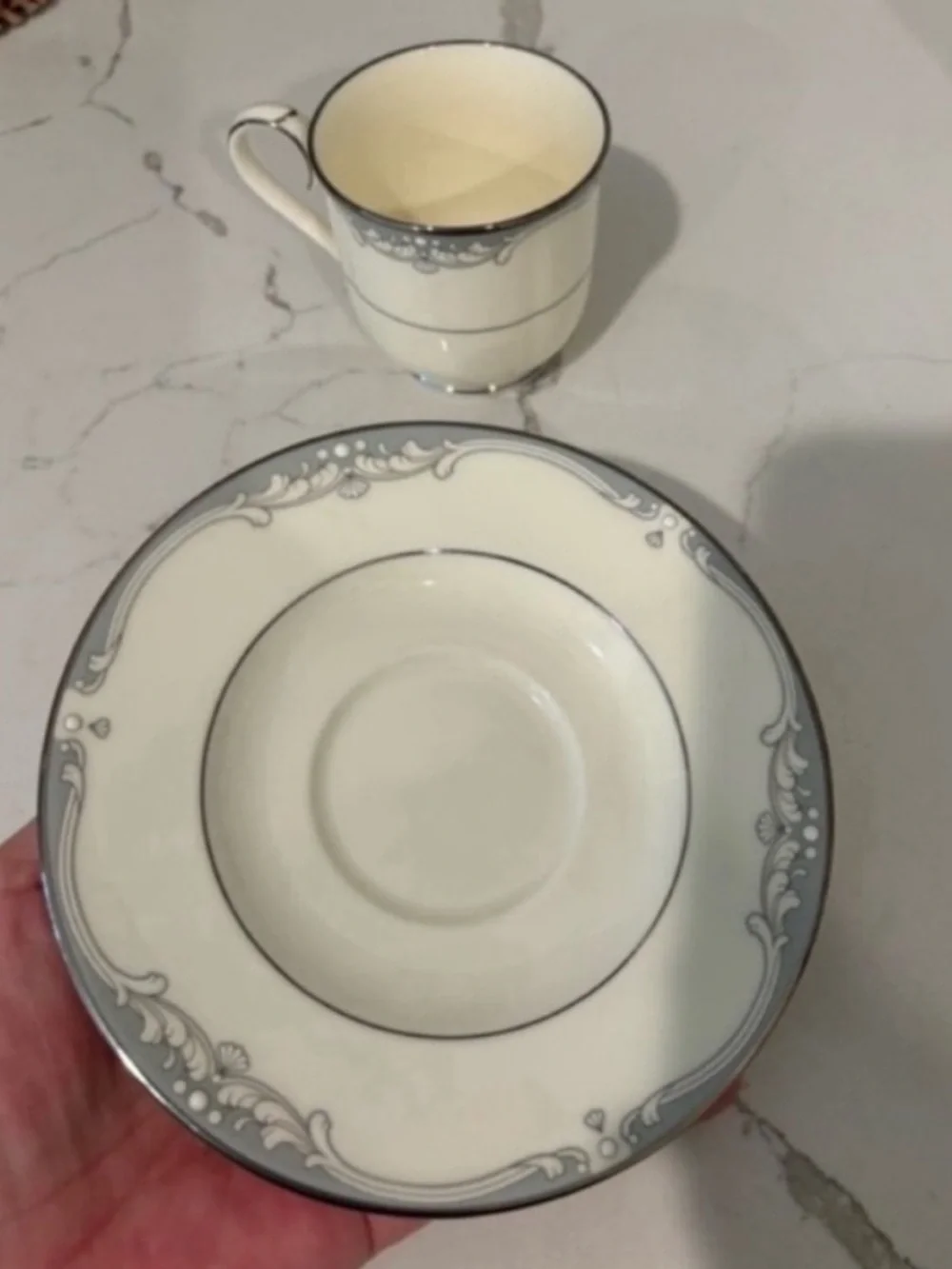 Vintage Noritake Cousteau Bone China Teacup and Saucer Set Off White Grey Japan